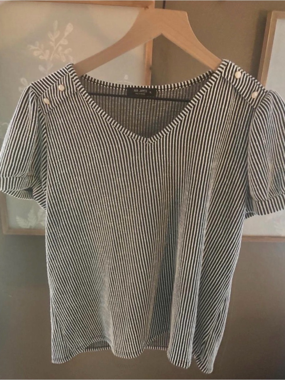 Striped V-Neck Button Shoulder Top - Black & White